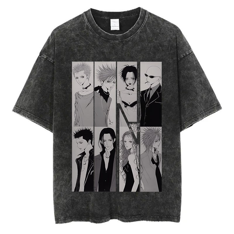 New Vintage American Style Streetwear Cotton T-Shirt Short Sleeves Cartoon Anime Old NANA Washing Printing Harajuku Clothing 9 vintage black 