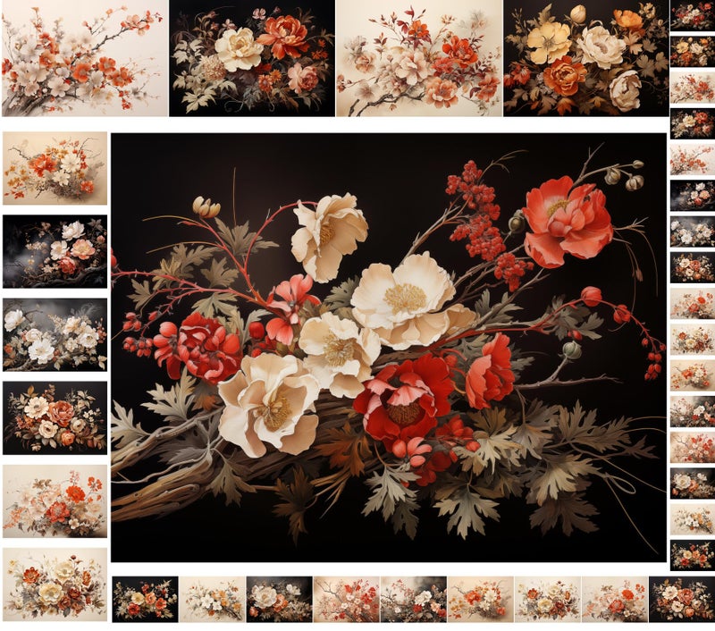Flonz Decoupage Paper Pack (35 Sheets 6"x8") Antique Florals: Vintage-Inspired Floral Arrangements in Sepia, Ivory and Deep Red, Featuring Delicate Branches, Soft Shadows and Elegant Petal Textures FLONZ - Image 1