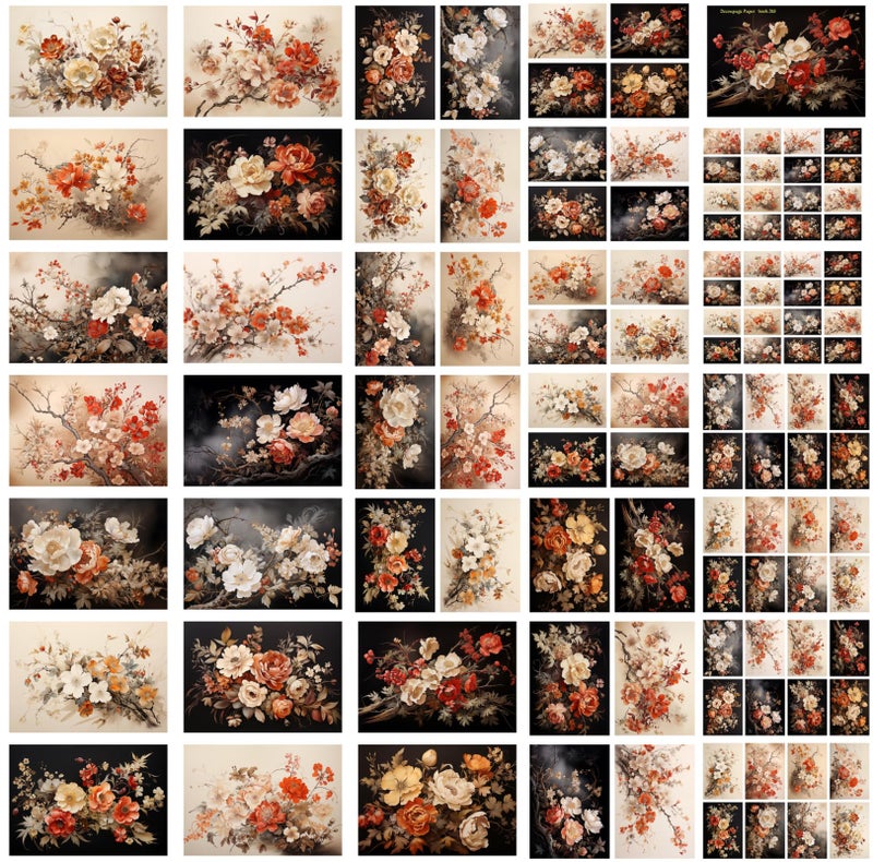 Flonz Decoupage Paper Pack (35 Sheets 6"x8") Antique Florals: Vintage-Inspired Floral Arrangements in Sepia, Ivory and Deep Red, Featuring Delicate Branches, Soft Shadows and Elegant Petal Textures FLONZ - Image 4