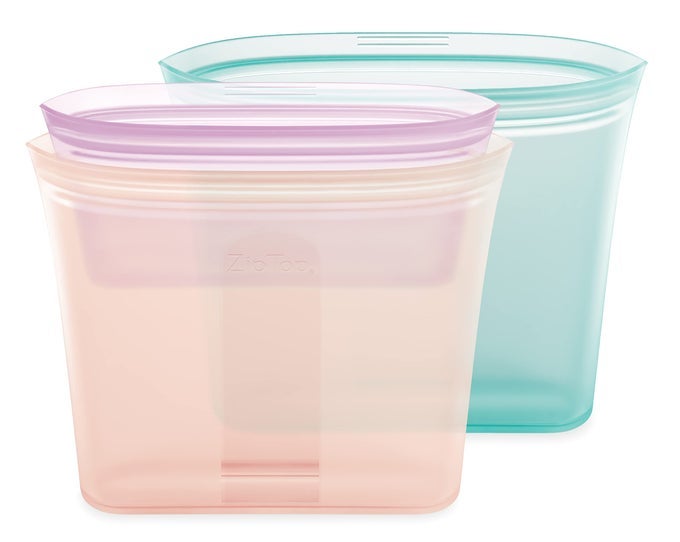 REUSABLE FOOD STORAGE BAGS 3 BAG SET TEALPEACHLAVENDER 2 SANDWICH 1 SNACK SILICONE MEAL PREP CONTAINER MICROWAVE DISHWASHER AND FREEZER SAFE MADE IN THE USA