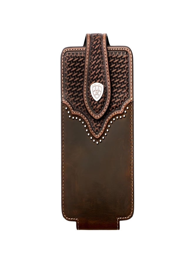 ARIAT Basketweave Sunburst Leather Cell Phone Case - Fits iPhone 17/16/15 Pro Max, Galaxy S25/S24/S23 Ultra, Pixel 9 Pro XL | Concho & Stud Detail | Magnetic Flap | 360° Belt Clip | Brown, Large - Image 1