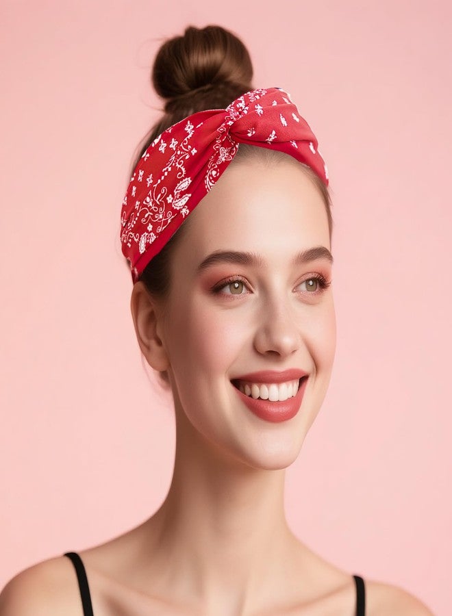 CoolShef طوق رأس باندانا من كول شيف للنساء | طوق شعر أحمر للفتيات بتصميم عقدة متقاطعة | طوق رأس عريض غير قابل للانزلاق بنمط بوهيمي وبيزلي، مناسب للأزياء والتمارين الرياضية والسفر - Image 2