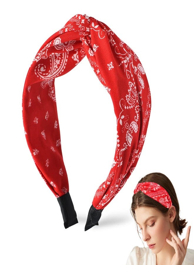 CoolShef طوق رأس باندانا من كول شيف للنساء | طوق شعر أحمر للفتيات بتصميم عقدة متقاطعة | طوق رأس عريض غير قابل للانزلاق بنمط بوهيمي وبيزلي، مناسب للأزياء والتمارين الرياضية والسفر - Image 1