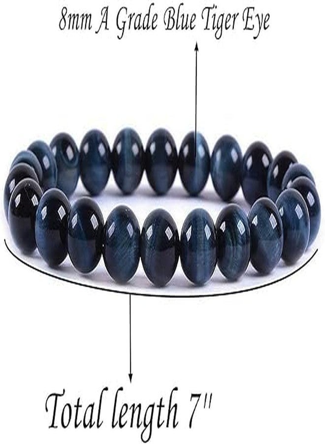 Agatesvibe سوار خرز مصنوع يدويًا من أحجار كريمة شبه ثمينة من أغاتسفايب - سوار مطاطي دائري 8 مم (7 بوصات) للجنسين (عبوة من قطعة واحدة) (عين النمر الأزرق) - Image 3
