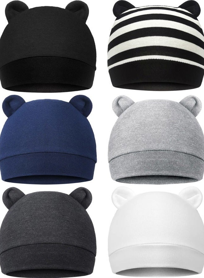 Geyoga 6 Pieces Newborn Baby Hat Bear Ears Infant Caps Baby Boy Girl Toddler Hats Infant Beanie Caps for 0-3 Months (Black White, Black, Navy Blue, Black Gray, Gray, White,Classic) - Image 1