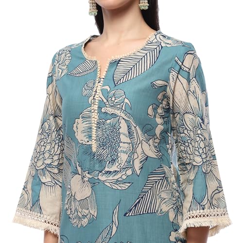 Biba Dull Blue Cotton Straight Kurta - Image 2
