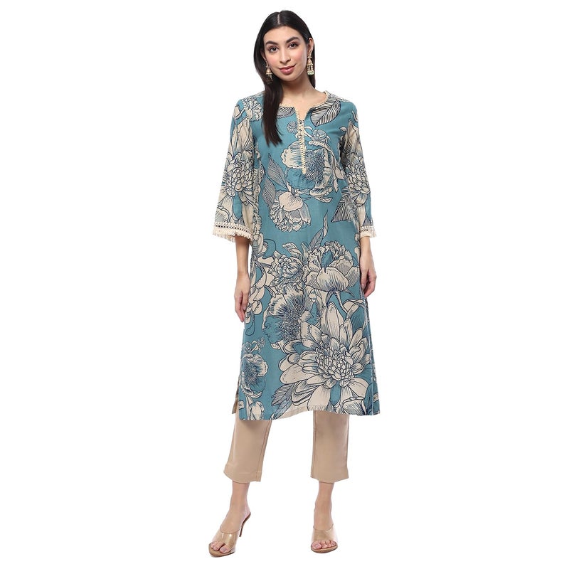 Biba Dull Blue Cotton Straight Kurta - Image 4