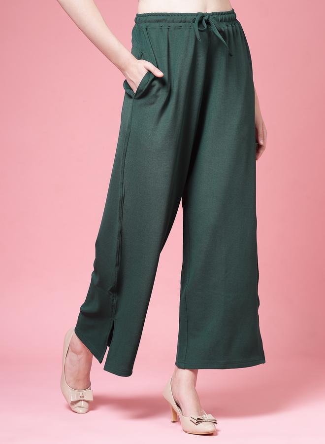 PAUSE PAUSE Women Green Solid Drawstring Waist Wide Leg Pants - Image 3