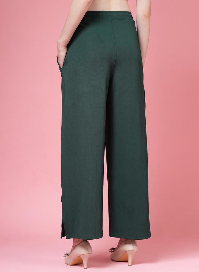 PAUSE PAUSE Women Green Solid Drawstring Waist Wide Leg Pants - Image 4