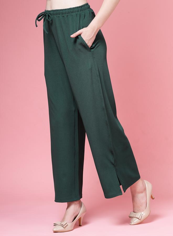 PAUSE PAUSE Women Green Solid Drawstring Waist Wide Leg Pants - Image 2