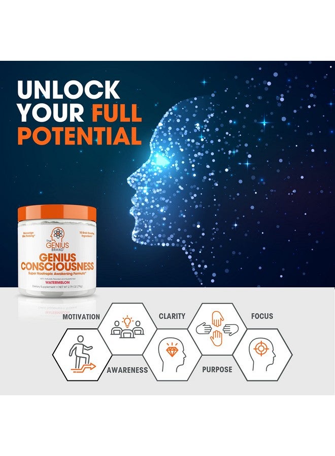 The Genius Brand Genius Consciousness - Premium Nootropic Powder for Focus, Memory & Mental Clarity - AlphaSize, NeuroFactor, Lion’s Mane & Dynamine - Natural Brain Booster for Studying, Work & Creativity - Watermelon - Image 4