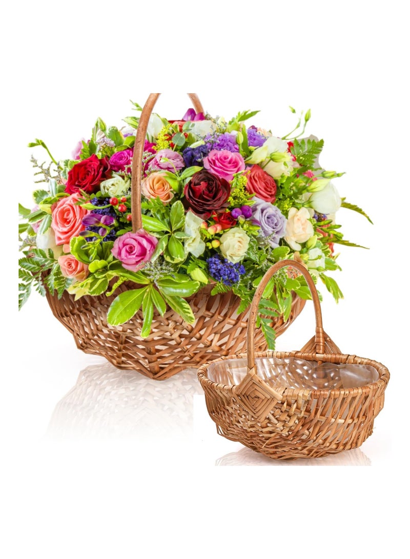 2 Pack Rattan Flower Basket, Handmade Wicker Planter Basket Set with Plastic Liner, Woven Storage Basket Gift Basket for Home Wedding Garden Decoration Picnic Storage 2 Sizes - Image 1