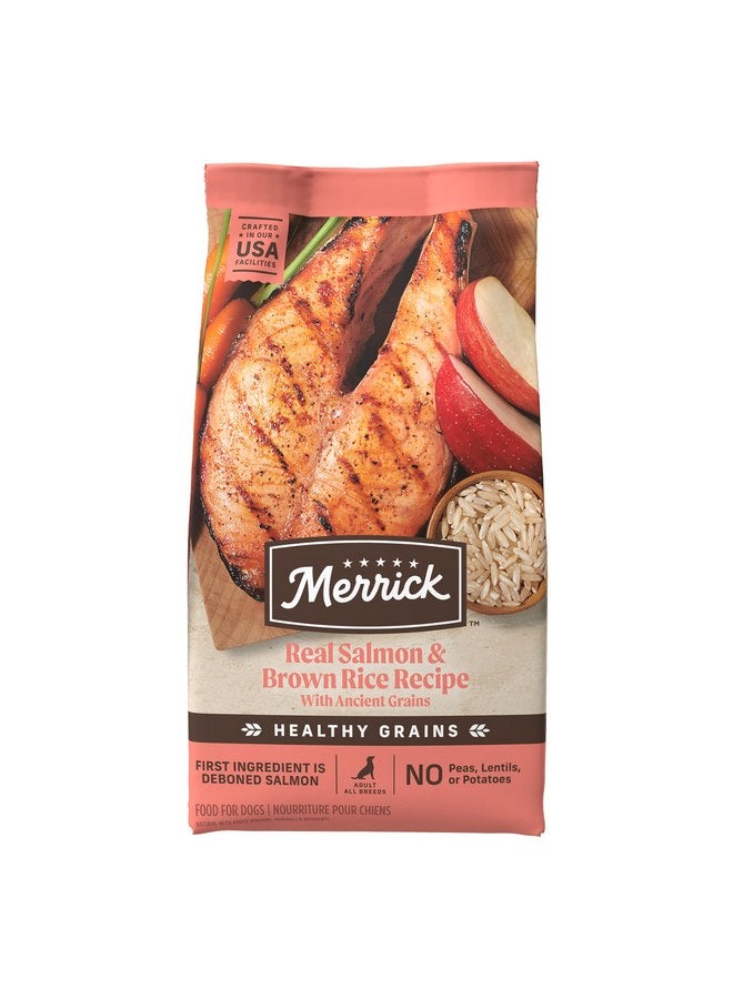 ميريك طعام جاف ممتاز للكلاب البالغة من Merrick Healthy Grains، طعام صحي وطبيعي مع سمك السلمون والأرز البني - كيس 4.0 رطل - Image 1