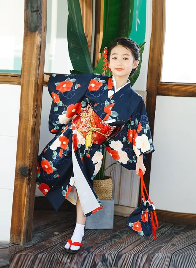 Al Aoyama Al Aoyama Japanese Kimono Kids Dress Girls camellia Kimono Japanese Asian Top Dress Robe Sash Belt Set Outfit  - Image 3