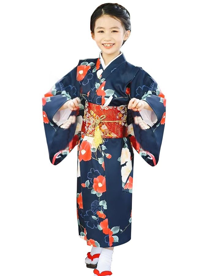 Al Aoyama Al Aoyama Japanese Kimono Kids Dress Girls camellia Kimono Japanese Asian Top Dress Robe Sash Belt Set Outfit  - Image 1