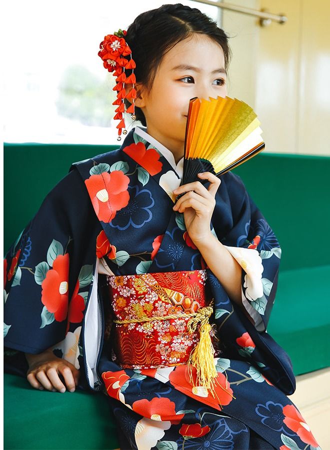 Al Aoyama Al Aoyama Japanese Kimono Kids Dress Girls camellia Kimono Japanese Asian Top Dress Robe Sash Belt Set Outfit  - Image 5
