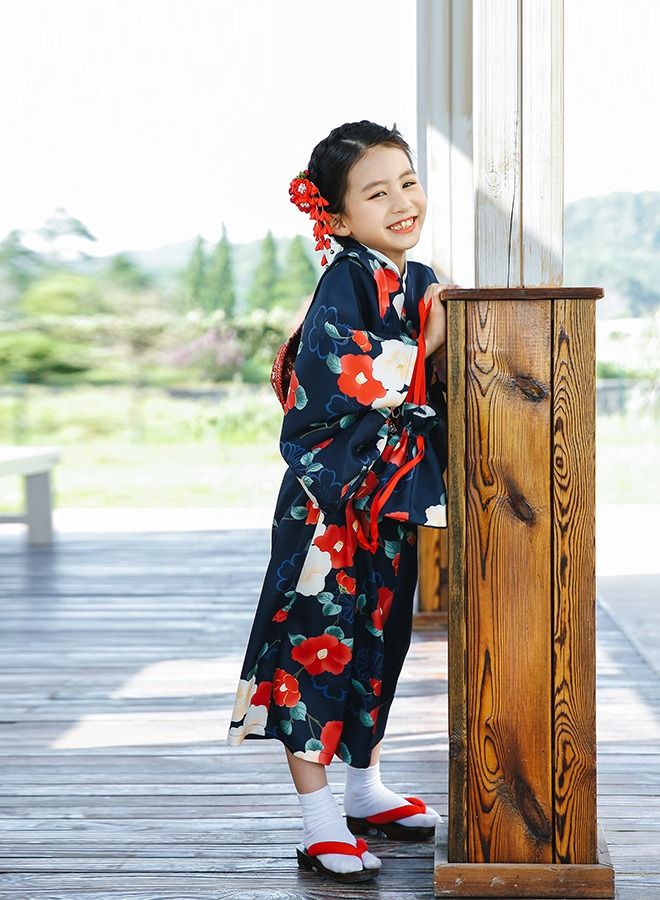 Al Aoyama Al Aoyama Japanese Kimono Kids Dress Girls camellia Kimono Japanese Asian Top Dress Robe Sash Belt Set Outfit  - Image 4