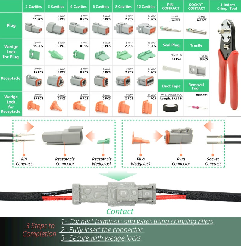 ALFOCI 482 PCS DT Deustch Connector Kit, 2 3 4 6 8 12 Pin Waterproof Automotive Electrical Connectors, Including Deutsch Crimping Tool, Removal Tool, 16# Solid Contacts - Image 2