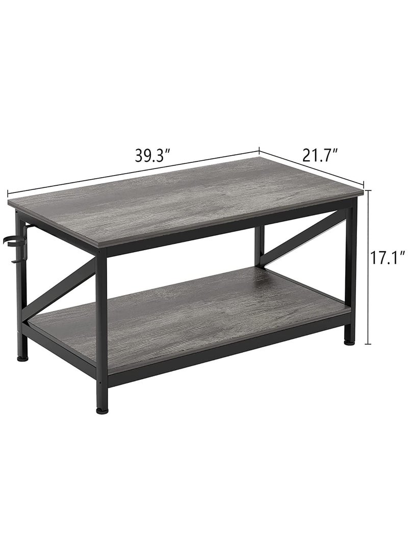 SKY-TOUCH Coffee Table with Storage Shelf, Modern Central Table with 2 Tier Shelves, Black Metal Table Legs, Wooden Table Top and Metal Frame, Industrial Wooden Coffee Table - Image 3