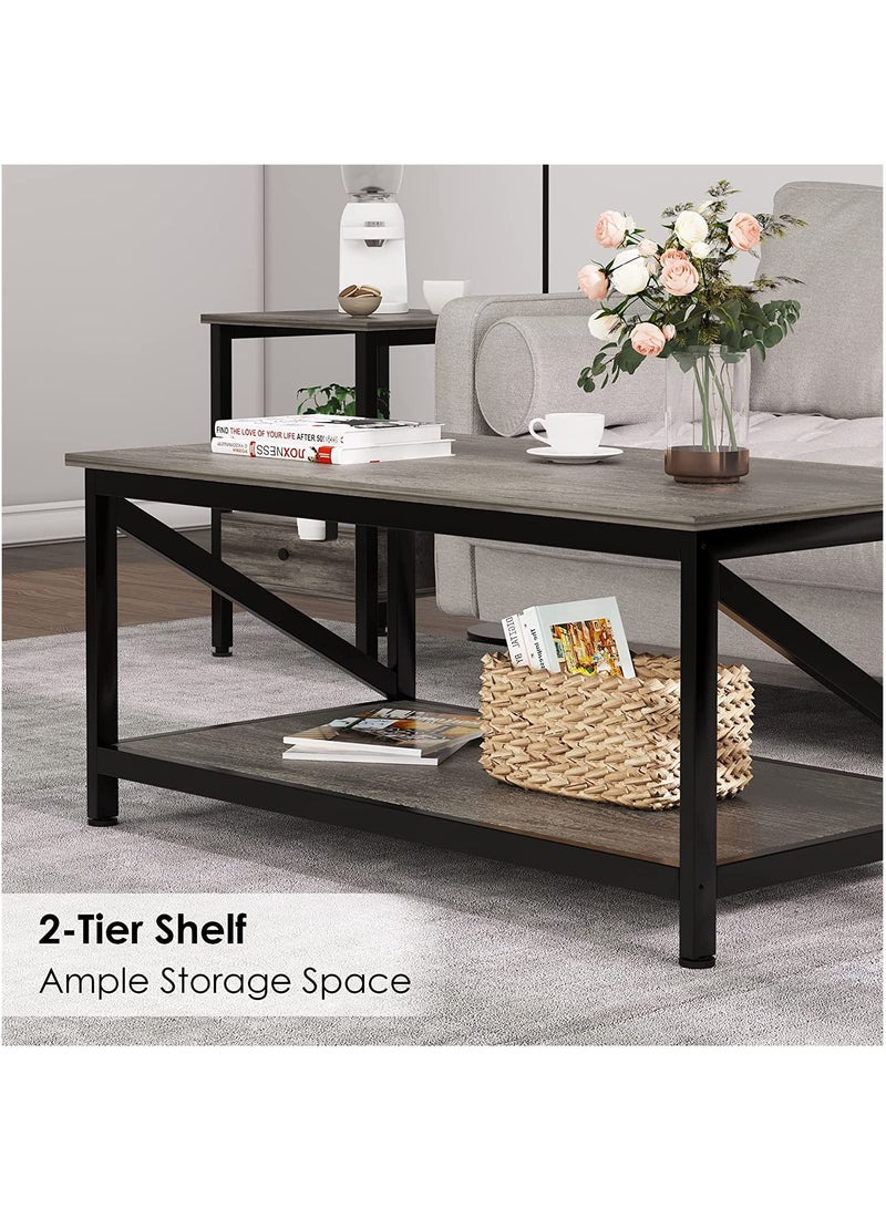 SKY-TOUCH Coffee Table with Storage Shelf, Modern Central Table with 2 Tier Shelves, Black Metal Table Legs, Wooden Table Top and Metal Frame, Industrial Wooden Coffee Table - Image 5
