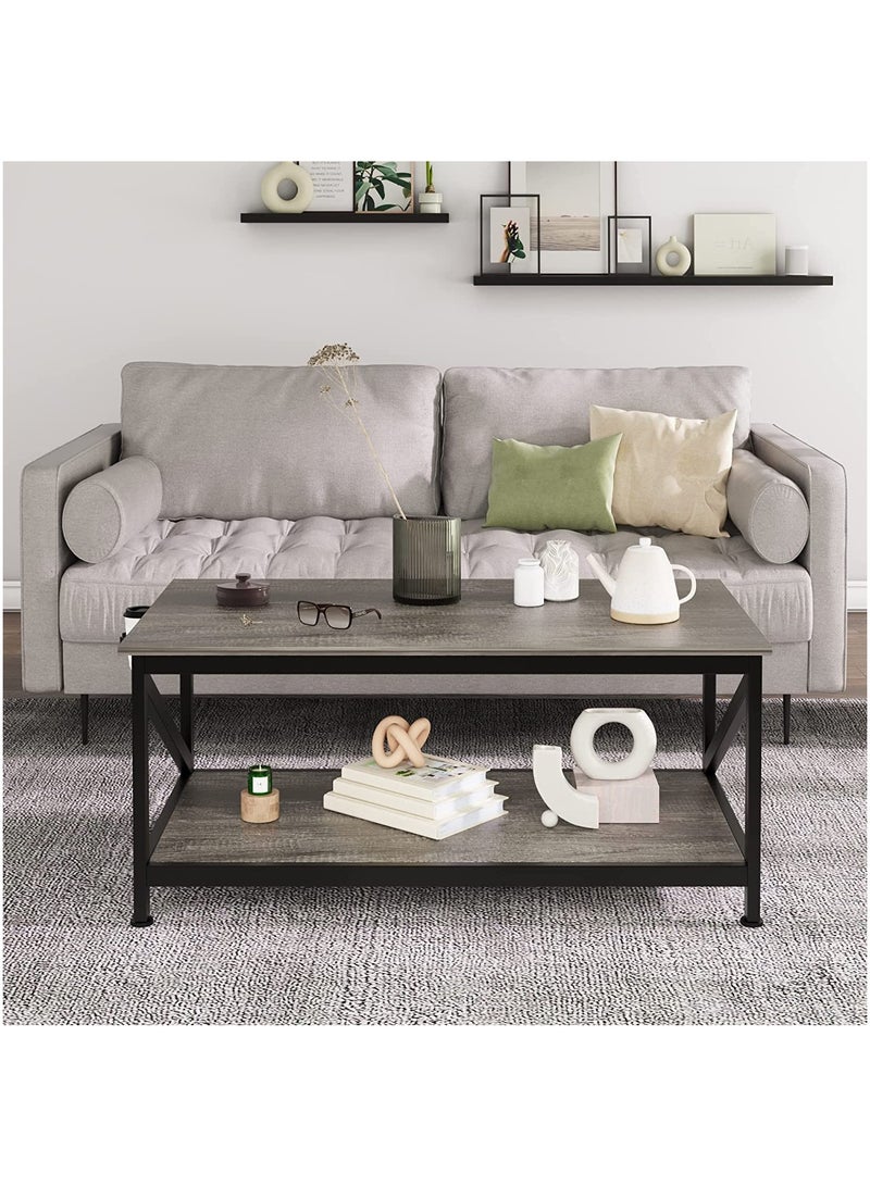 SKY-TOUCH Coffee Table with Storage Shelf, Modern Central Table with 2 Tier Shelves, Black Metal Table Legs, Wooden Table Top and Metal Frame, Industrial Wooden Coffee Table - Image 2