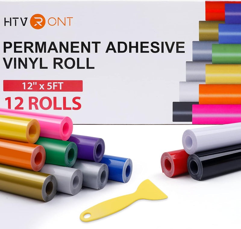 HTVRONT Permanent Vinyl for Cricut-12 Pack 12 Inch by 5 Feet Permanent Vinyl Rolls, Adhesive Vinyl for Cricut，Silhouette, Cameo Cutters, Signs, Scrapbooking, Craft, Die Cutters - Image 1