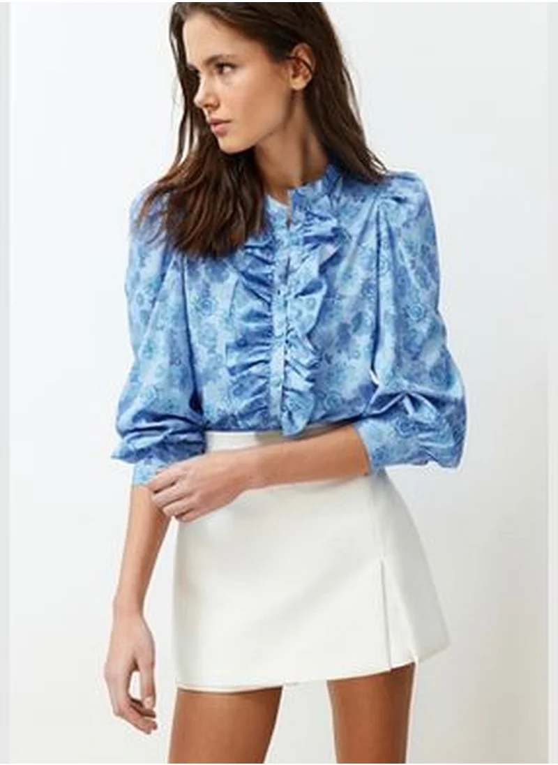 trendyol Blue High Neck Frilly Chiffon Floral Woven Shirt TWOAW22GO0117