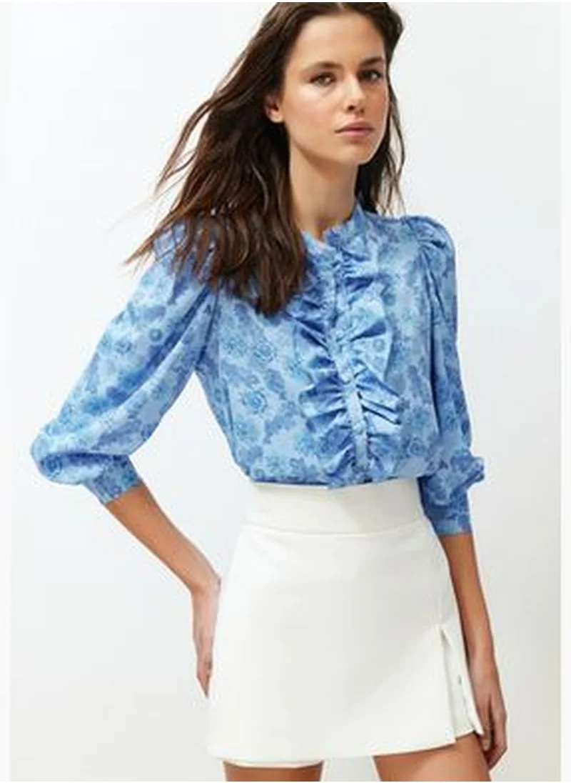 trendyol Blue High Neck Frilly Chiffon Floral Woven Shirt TWOAW22GO0117