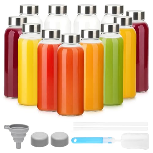 Luxfuel 10 oz Clear Glass Bottle with Lid, Reusable Glass Water Bottles with Stainless Steel Cap & Straws for Juicing, Milk, Ginger & Smoothies, Refrigerator, Leak-Proof, Juice Containers Set of 12 - Image 1