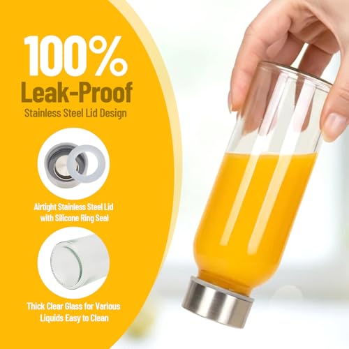 Luxfuel 10 oz Clear Glass Bottle with Lid, Reusable Glass Water Bottles with Stainless Steel Cap & Straws for Juicing, Milk, Ginger & Smoothies, Refrigerator, Leak-Proof, Juice Containers Set of 12 - Image 2