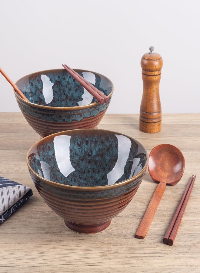 Tacuhy 40oz Japanese Ceramic Ramen Bowl Set of 2 with Chopsticks and Spoons for Pho Udon Asian Soup Noodles (Peacock Tail) - Image 3
