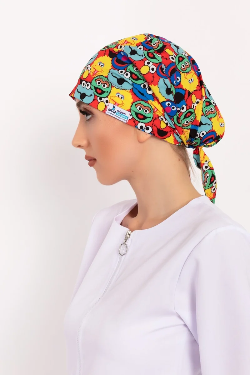 Nur Medikal Giyim Nur Medical Clothing Sesame Street Patterned Hijab Doctor Nurse Hospital Cook Surgical Cap