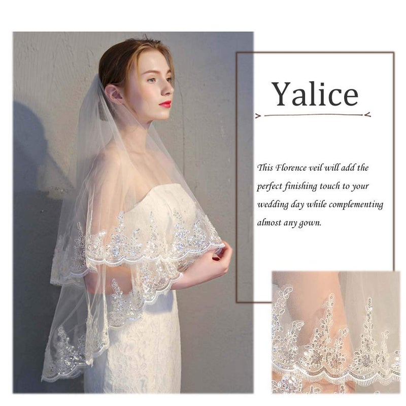 ياليس Yalice الترتر طرحة زفاف العروس قصيرة طول الإصبع طبقتين / 2T حجاب الزفاف الدانتيل بريق لينة تول الحجاب مع مشط (العاج) - Image 3