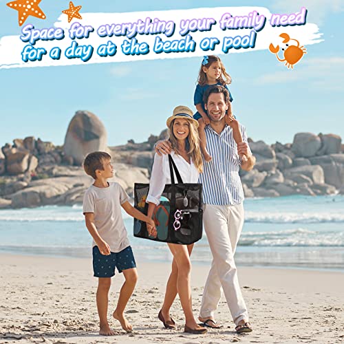 Tagitary Mesh Beach Bag with Zipper, Black Large Beach Tote Waterproof Sandproof with 8 Pockets for Kids Toys Storage Swim Pool Accessories for Vacation Sports Camping Picnic Travel Bag - Image 5