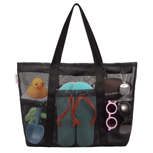 Tagitary Mesh Beach Bag with Zipper, Black Large Beach Tote Waterproof Sandproof with 8 Pockets for Kids Toys Storage Swim Pool Accessories for Vacation Sports Camping Picnic Travel Bag - Image 1