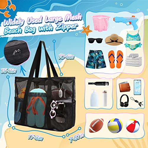 Tagitary Mesh Beach Bag with Zipper, Black Large Beach Tote Waterproof Sandproof with 8 Pockets for Kids Toys Storage Swim Pool Accessories for Vacation Sports Camping Picnic Travel Bag - Image 2