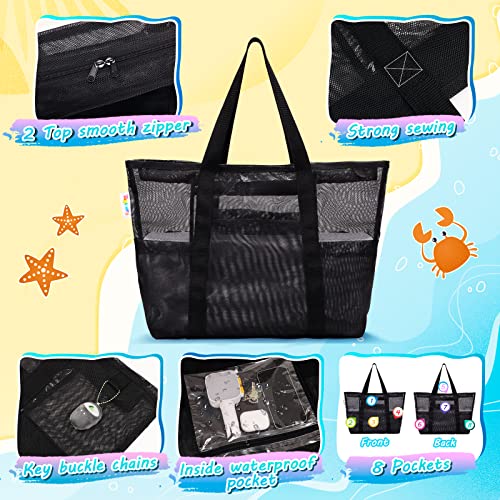 Tagitary Mesh Beach Bag with Zipper, Black Large Beach Tote Waterproof Sandproof with 8 Pockets for Kids Toys Storage Swim Pool Accessories for Vacation Sports Camping Picnic Travel Bag - Image 3