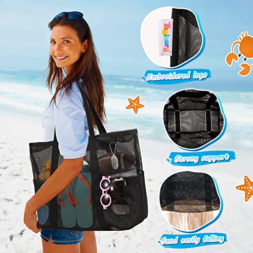 Tagitary Mesh Beach Bag with Zipper, Black Large Beach Tote Waterproof Sandproof with 8 Pockets for Kids Toys Storage Swim Pool Accessories for Vacation Sports Camping Picnic Travel Bag - Image 4