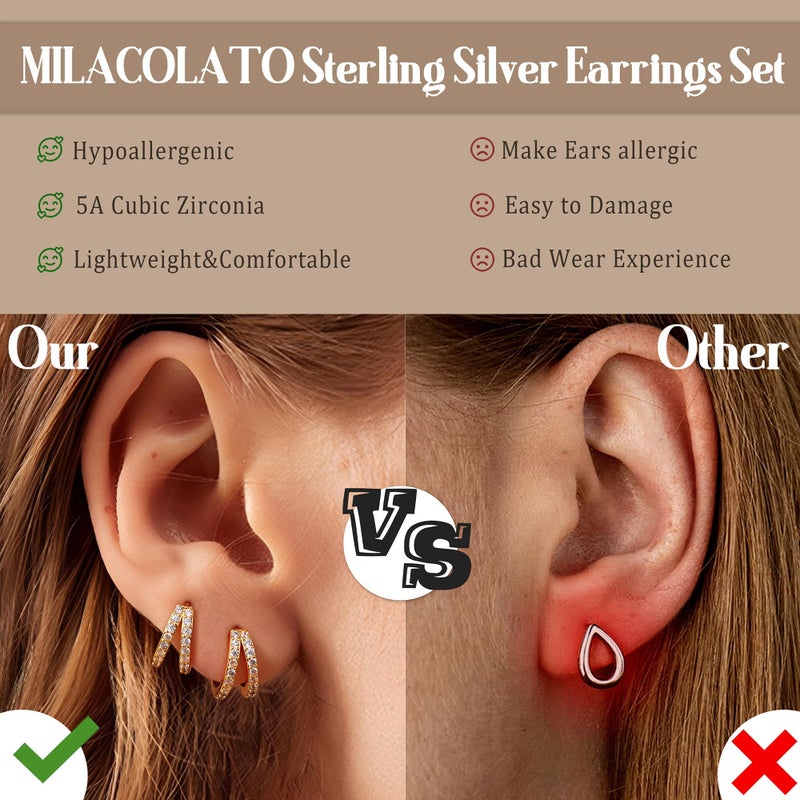 MILACOLATO 925 Sterling Silver Earrings for Women, 14K Gold Plated Small Huggie Hoop Earrings, Layer CZ Double Hoop Earrings Stacks Trendy Jewelry Gifts - Image 3