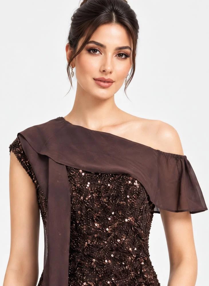 Opera Fashion Mocha Chiffon and Sequin Off-Shoulder Long Evening Dress