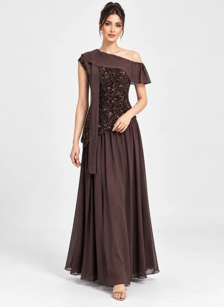 Opera Fashion Mocha Chiffon and Sequin Off-Shoulder Long Evening Dress