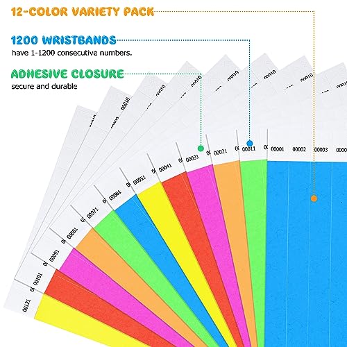 Harloon 1200 Pieces 3/4'' Wristbands 1 to 1200 Consecutive Numbers 12 Colored Wristbands Waterproof Paper Bracelets for Events Concert Festival Admission Party(Simple Colors) - Image 2