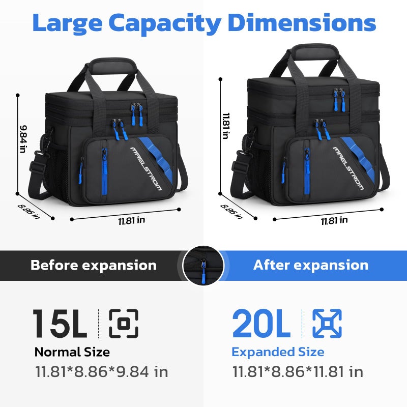 Maelstrom Lunch Box, 20L Insulated Lunch Bag for Men Women, Expandable Double Deck Leakproof Cooler Bag with 6 Pockets, Reusable Lunch Tote Bag for Work, Picnic, Travel, Black - Image 2