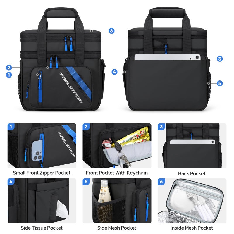 Maelstrom Lunch Box, 20L Insulated Lunch Bag for Men Women, Expandable Double Deck Leakproof Cooler Bag with 6 Pockets, Reusable Lunch Tote Bag for Work, Picnic, Travel, Black - Image 3