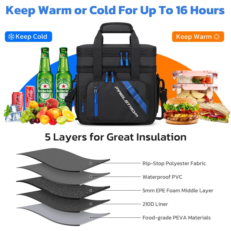 Maelstrom Lunch Box, 20L Insulated Lunch Bag for Men Women, Expandable Double Deck Leakproof Cooler Bag with 6 Pockets, Reusable Lunch Tote Bag for Work, Picnic, Travel, Black - Image 4