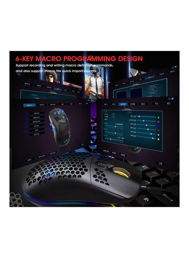 ماوس ألعاب HXSJ X600 برمجي، ماوس ألعاب سلكي USB، ماوس إضاءة RGB مع ستة أوضاع DPI قابلة للتعديل لأجهزة الكمبيوتر المكتبية والكمبيوتر المحمول، أسود - Image 5