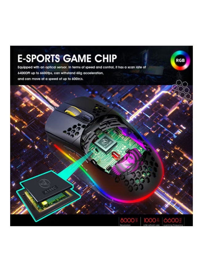 ماوس ألعاب HXSJ X600 برمجي، ماوس ألعاب سلكي USB، ماوس إضاءة RGB مع ستة أوضاع DPI قابلة للتعديل لأجهزة الكمبيوتر المكتبية والكمبيوتر المحمول، أسود - Image 3