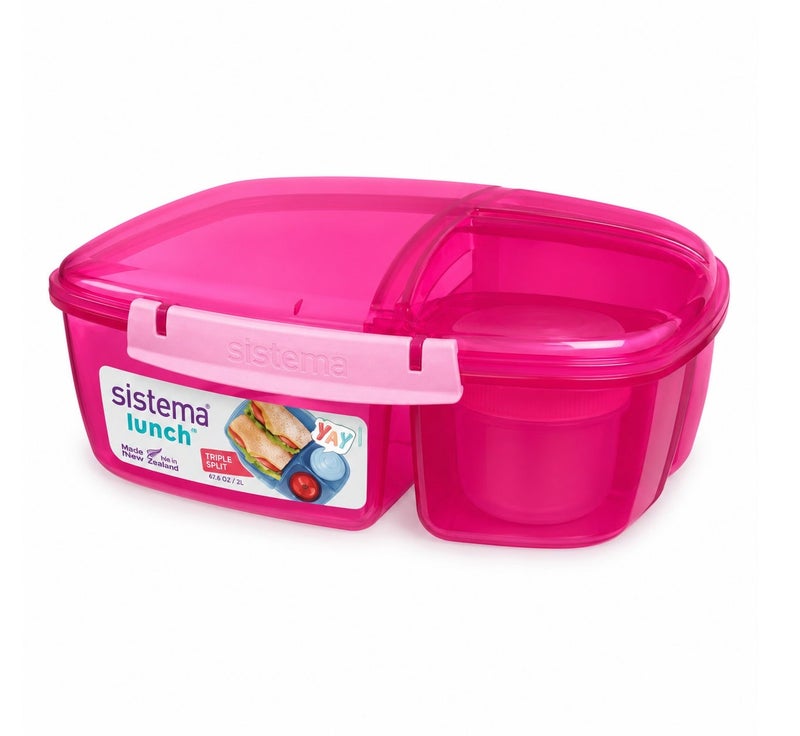 Sistema Triple Split Lunch Box with Yogurt Pot 2L Pink, BPA Free Compartment Lunch Container for Meal Prep, Salad, Snacks & School or Office Lunch Storage, Made in New Zealand - Image 1