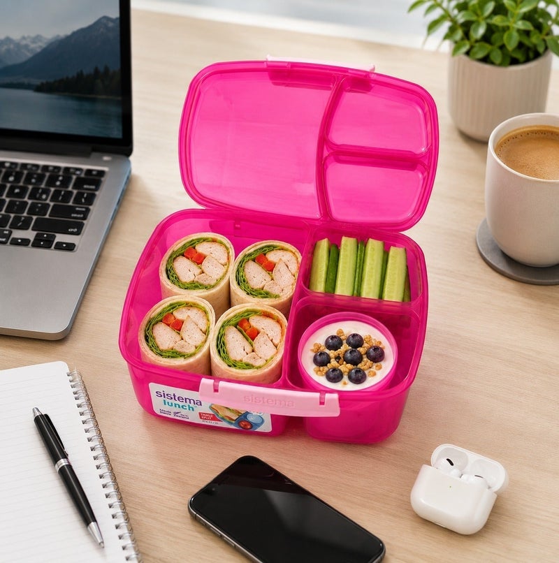Sistema Triple Split Lunch Box with Yogurt Pot 2L Pink, BPA Free Compartment Lunch Container for Meal Prep, Salad, Snacks & School or Office Lunch Storage, Made in New Zealand - Image 2