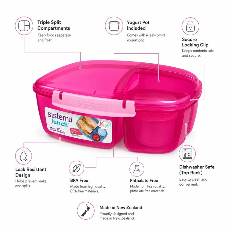 Sistema Triple Split Lunch Box with Yogurt Pot 2L Pink, BPA Free Compartment Lunch Container for Meal Prep, Salad, Snacks & School or Office Lunch Storage, Made in New Zealand - Image 3